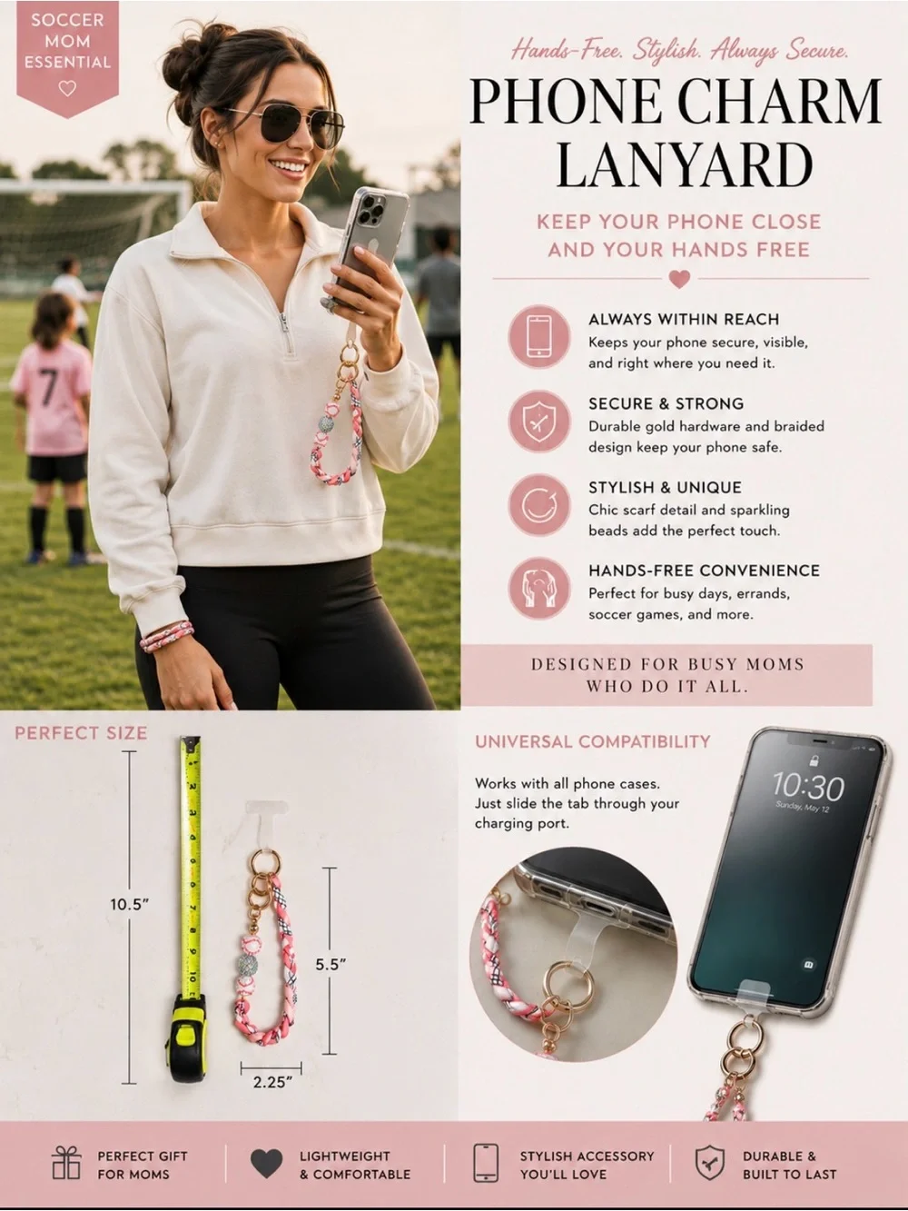 ✨ ⚽️  Soccer Bead & Pink Braided Ribbon Phone Wristlet